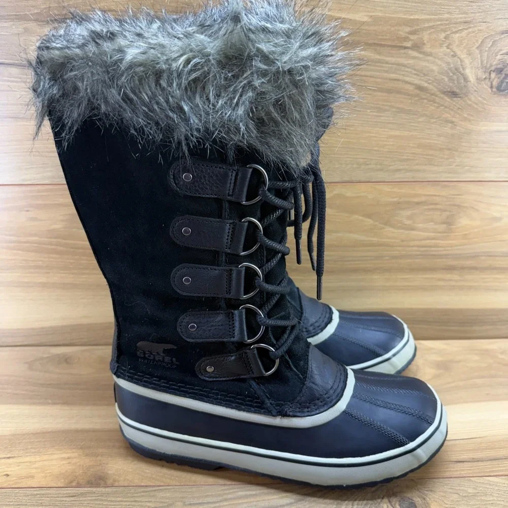 Sorel Joan Of Arctic Waterproof Boot Womens 9.5 Black Suede Faux Fur Tall Snow